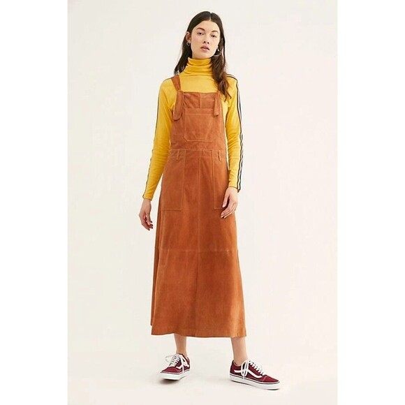 Free People Suede Dress Midi Jumper Leather Cognac Color Boho Sz 4 - Picture 3 of 10